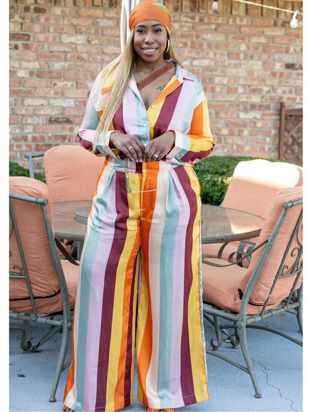 Fe Noel x target Multi-Color Vertical Strip Blouse and Wide Leg Pant Set